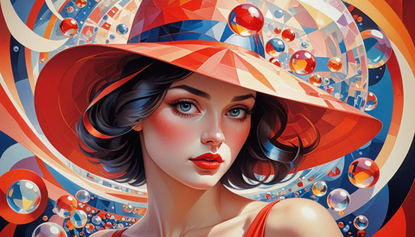 Abstract Cubist Girl with Super Hat in Red Line Art