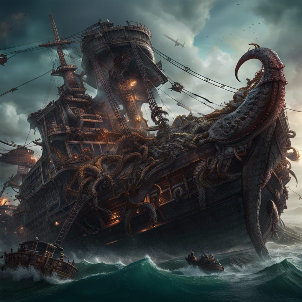 Kraken Attacks Boat with Plane Wreckage