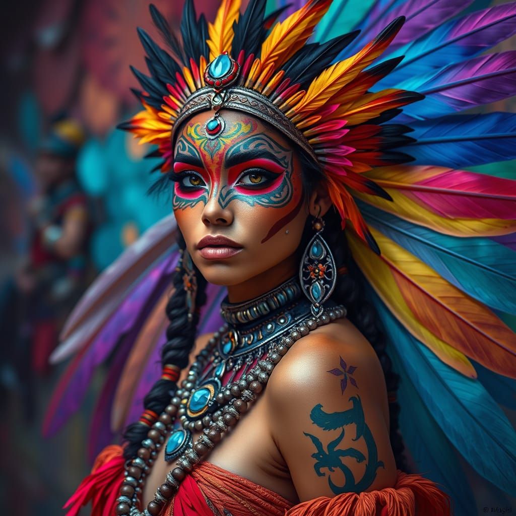A striking portrait of a woman adorned with intricate tribal face paint, elaborate jewelry, and vibrant feathers. The co...