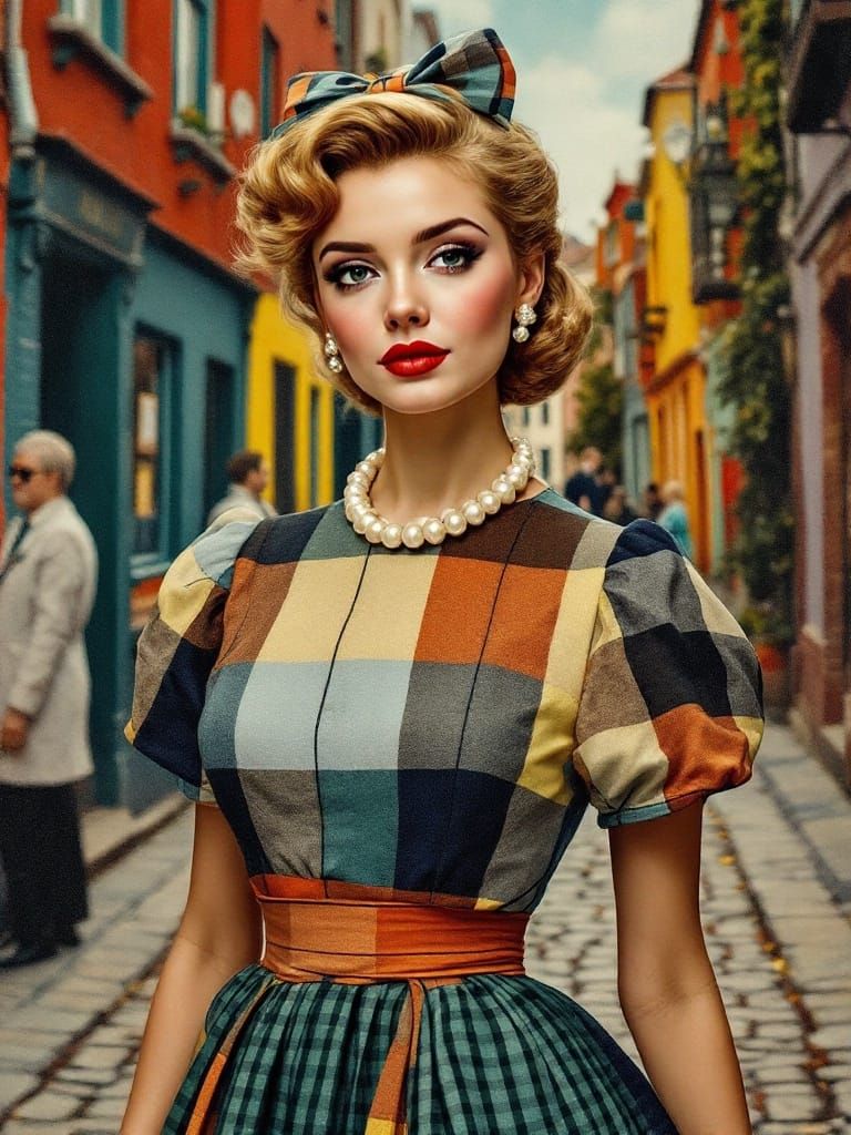 Woman in 1950s Checkered Dress Embodies Northern Renaissance...