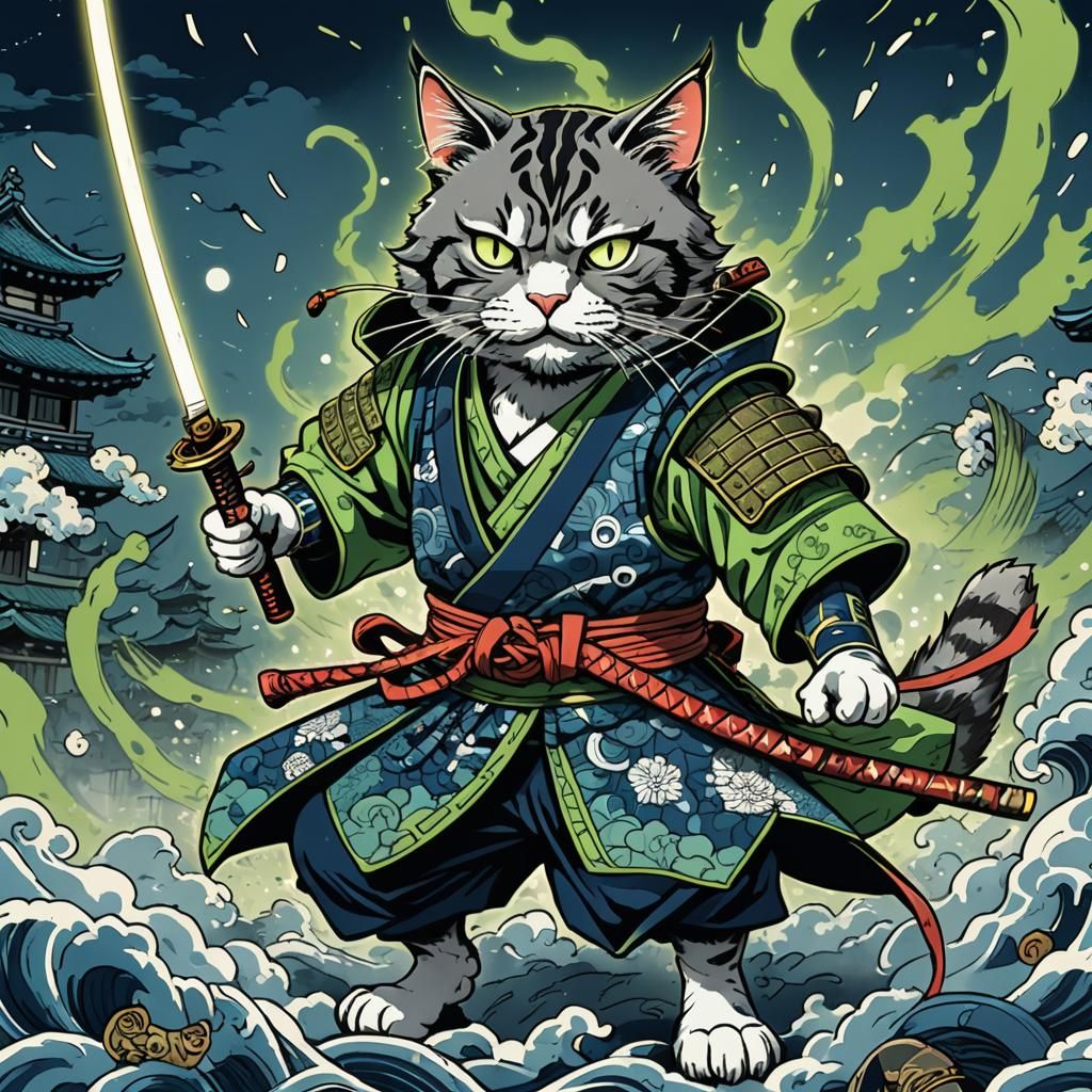 Samurai Cat Confronts Mouse in Ukiyo-e Comic Style