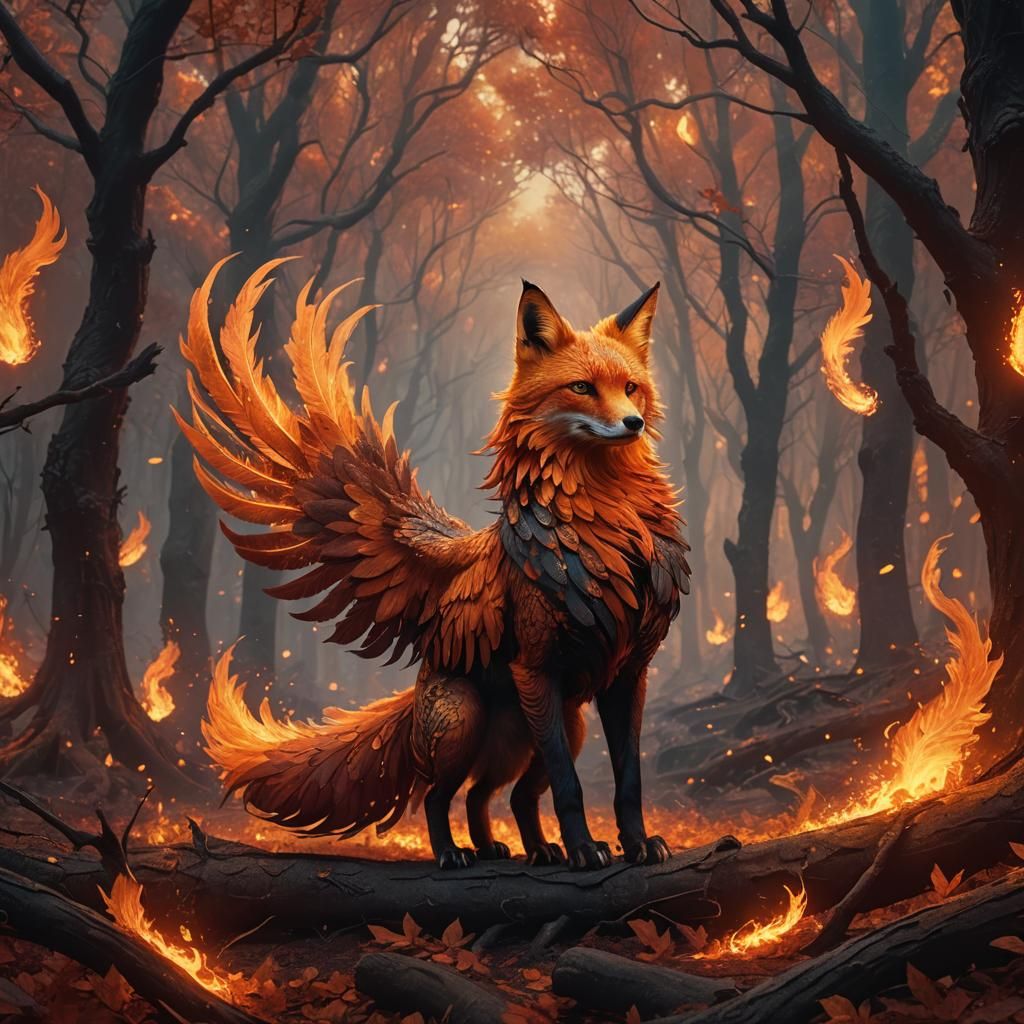 Fiery Phoenix Fox in Mystical Forest
