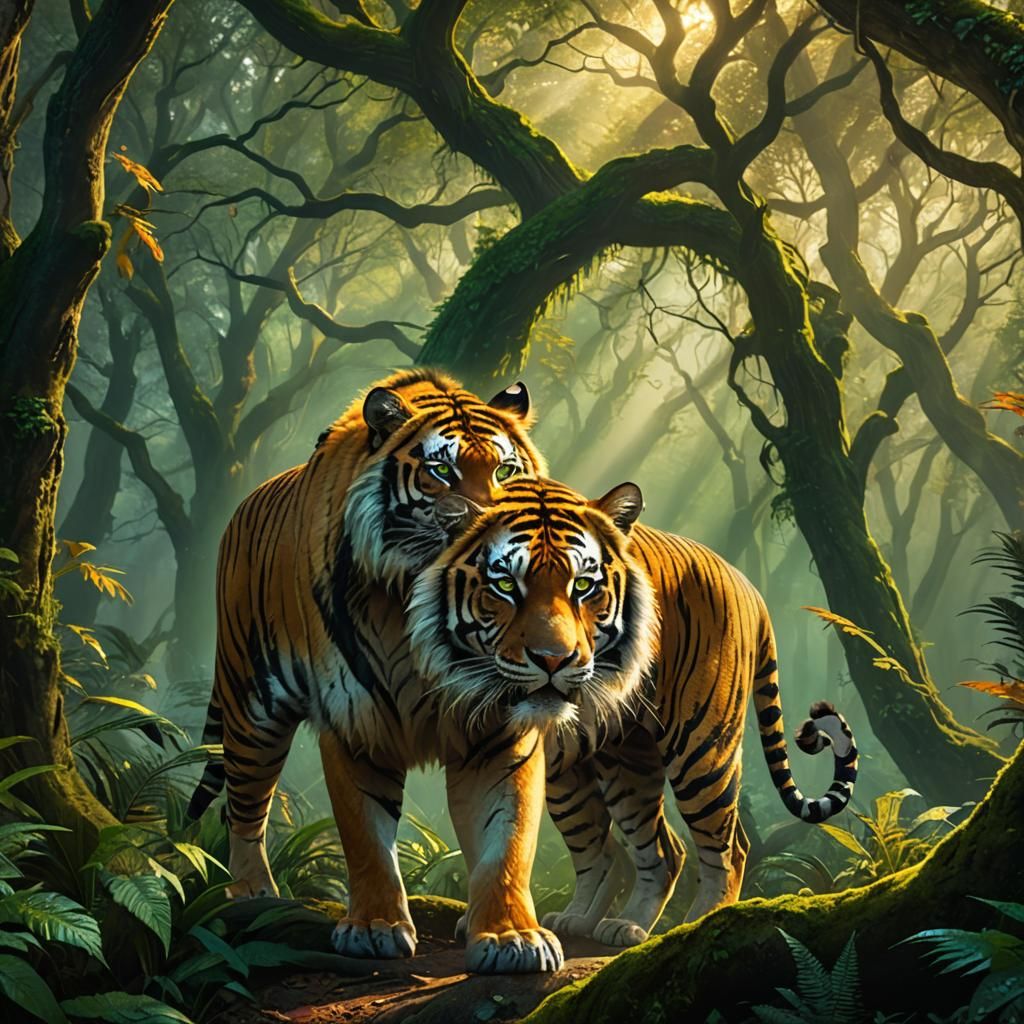 Tiger-Lion Hybrid in Misty Forest: Fantasy Illustration