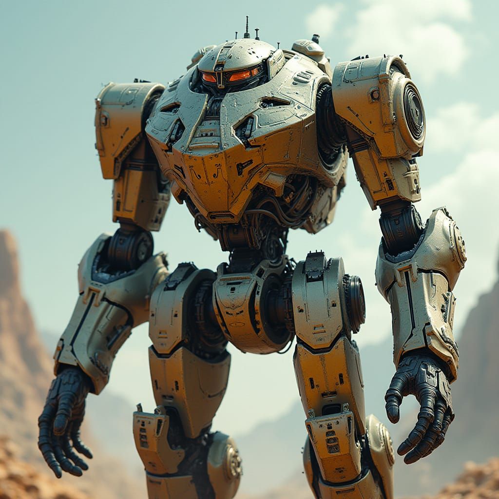 Cyberpunk Mech Warrior Robot with Glass Crystal Refractions