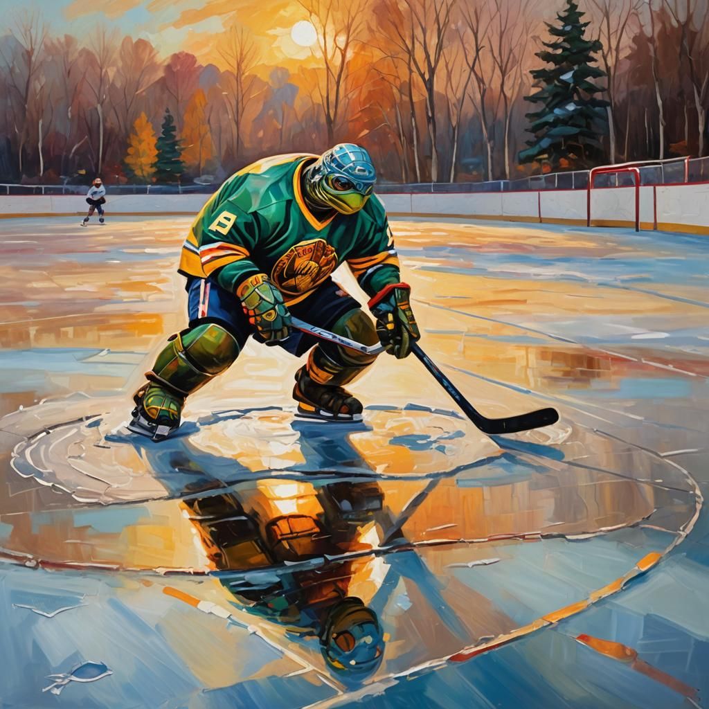 Turtle Hockey Player in Sunset, as Oil Painting