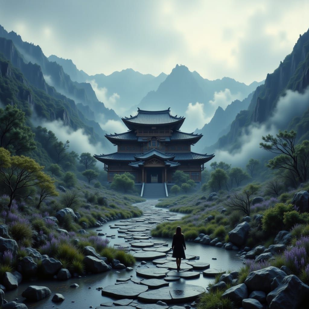 Fantasy Korean Temple in Misty Mountains