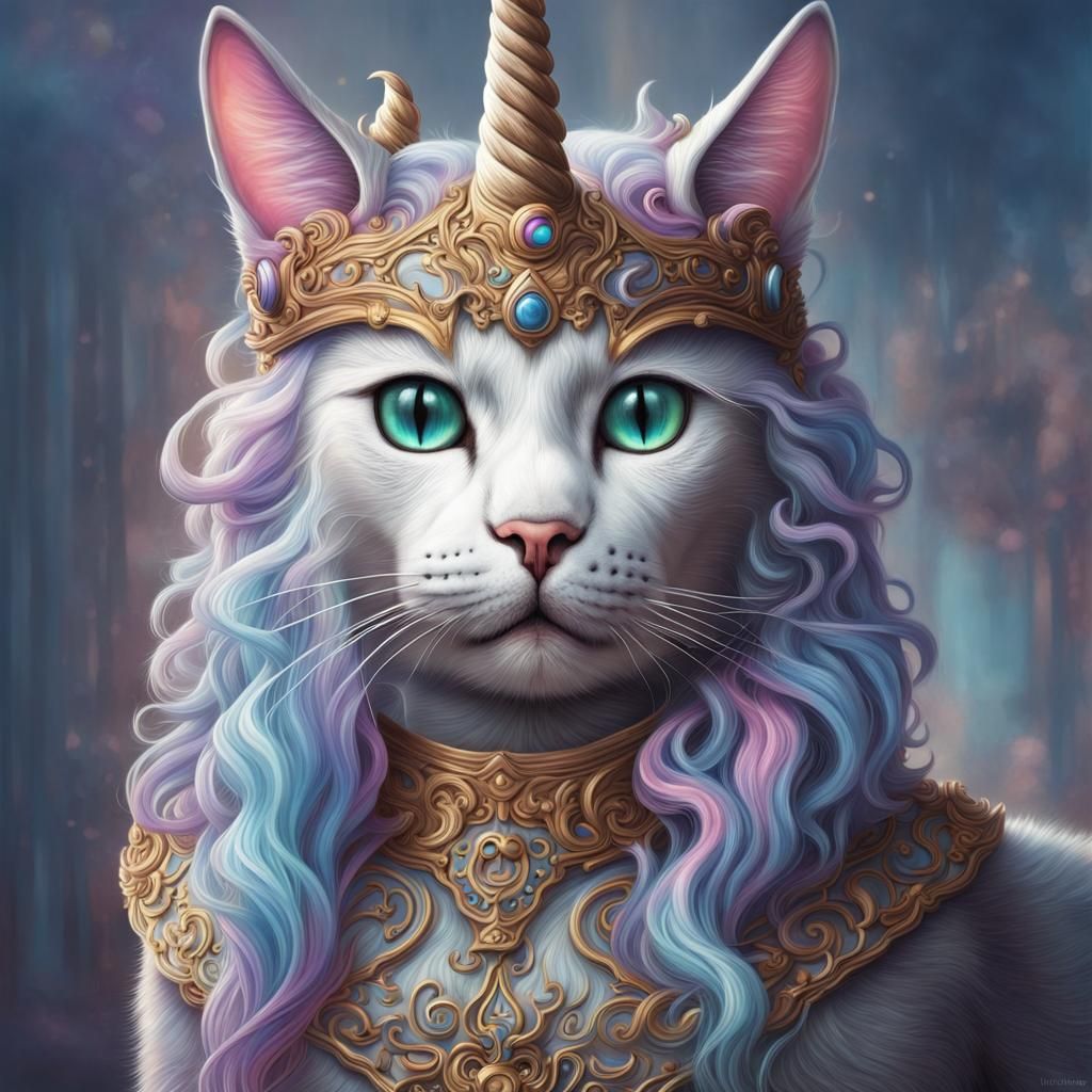 Cat with Unicorn Horn in Dreamlike Fantasy Art