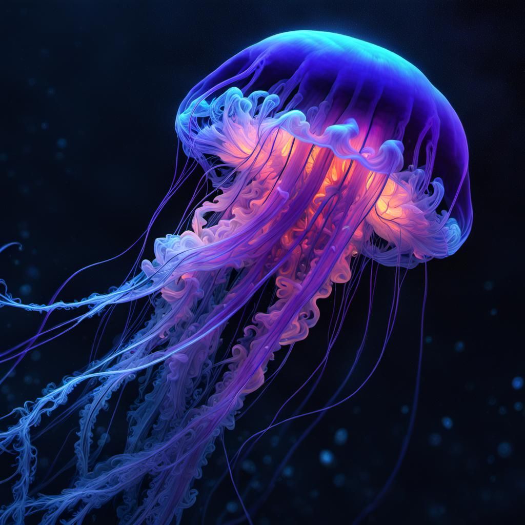 Bioluminescent Jellyfish and Man-o-War in the Dark