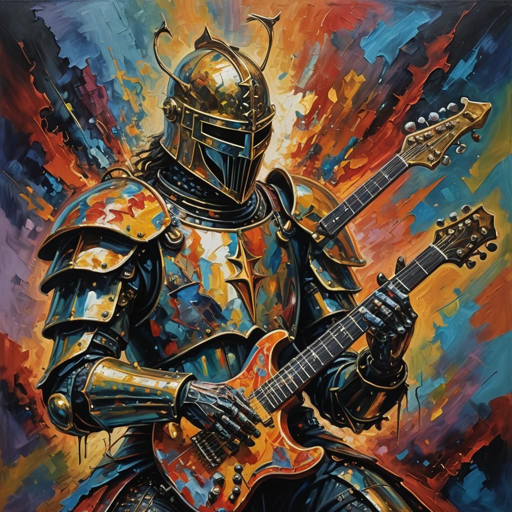 Crusader Shreds Guitar: Fauvist Oil Painting in Vibrant Colo...