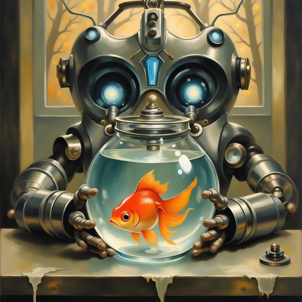 Retro Robot Holds Fishbowl with Glowing Eyes