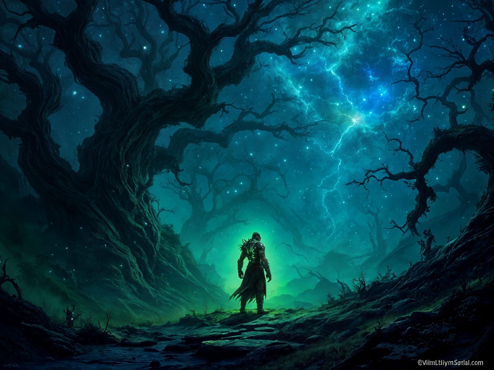 Orc Warrior Guards Dreamlike Forest in Dark Fantasy Style