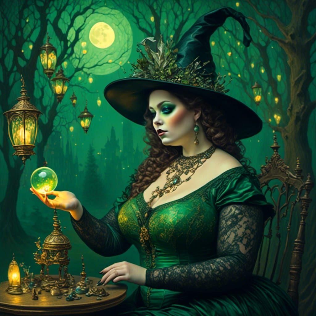 Green Witch Portrait in Surreal Fairy Tale Landscape