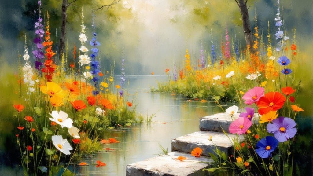 Spring Flowers Reflecting in Serene Lake