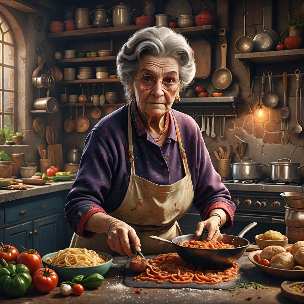 Italian Grandmother Cooking: Detailed Matte Painting