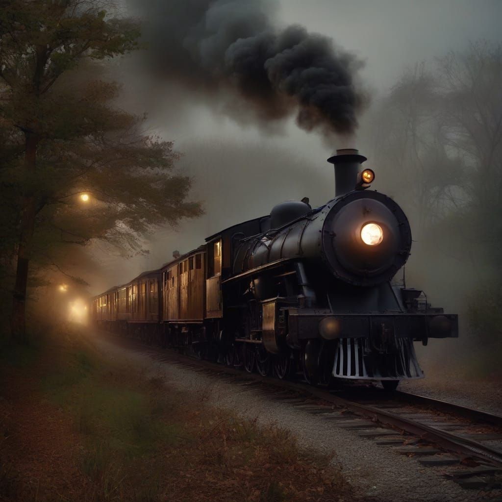 Steampunk Ghost Train Under Moonlit Fog