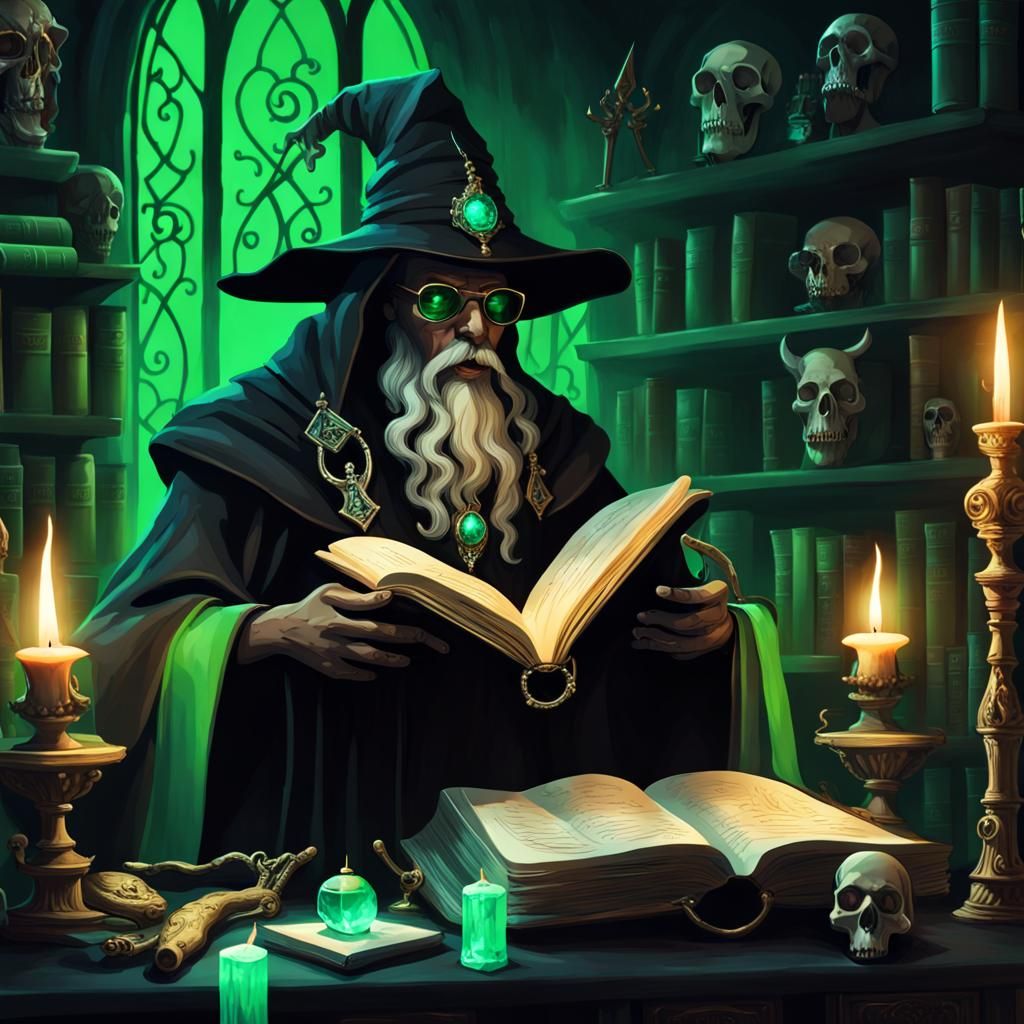 Ominous Wizard Study with Emerald Glow