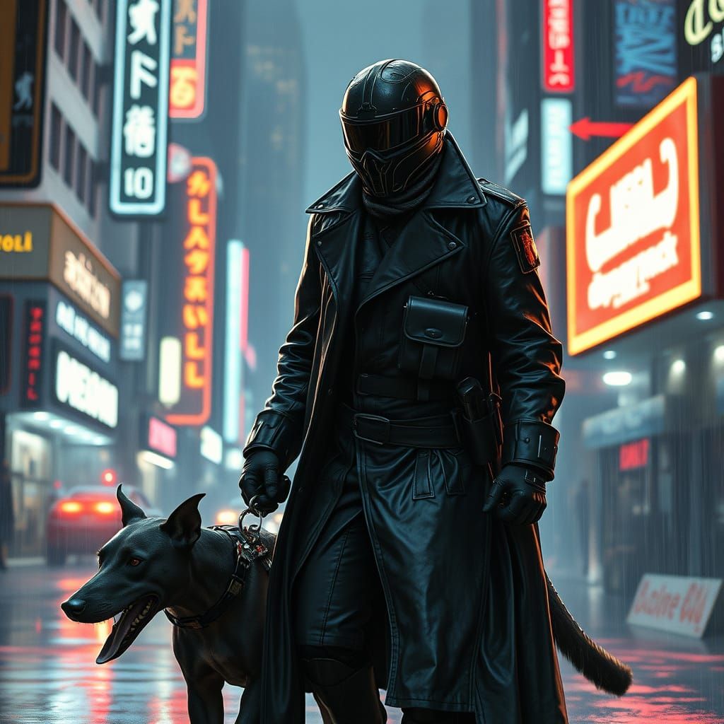 Cyberpunk Officer Patrolling Rainy City with Cybernetic Dog