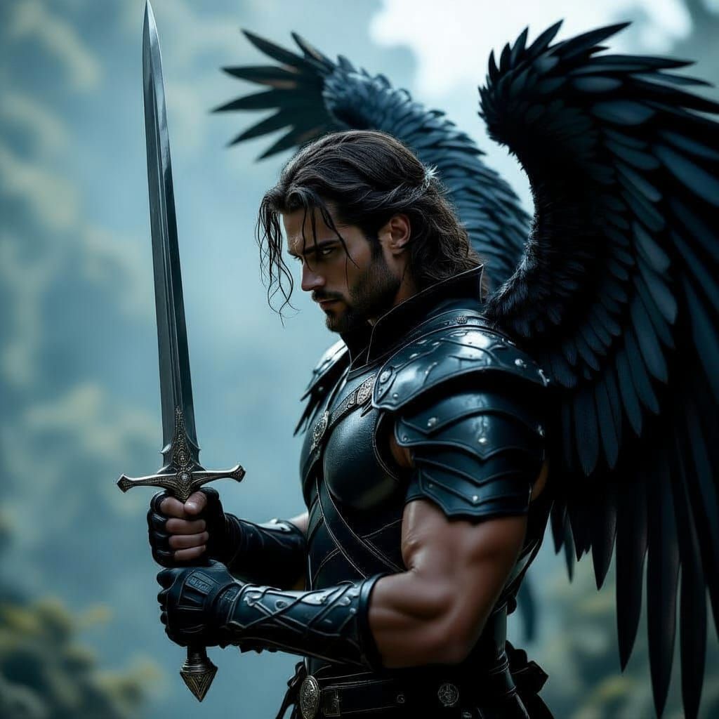 Masculine Angel with Iridescent Wings and Sword