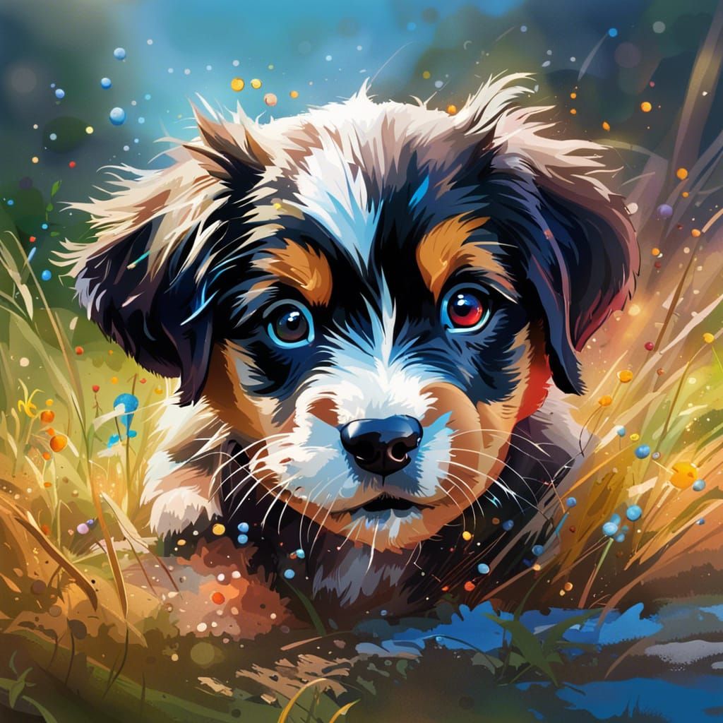 Cute Puppy in Meadow: Hyperrealistic Splash Art