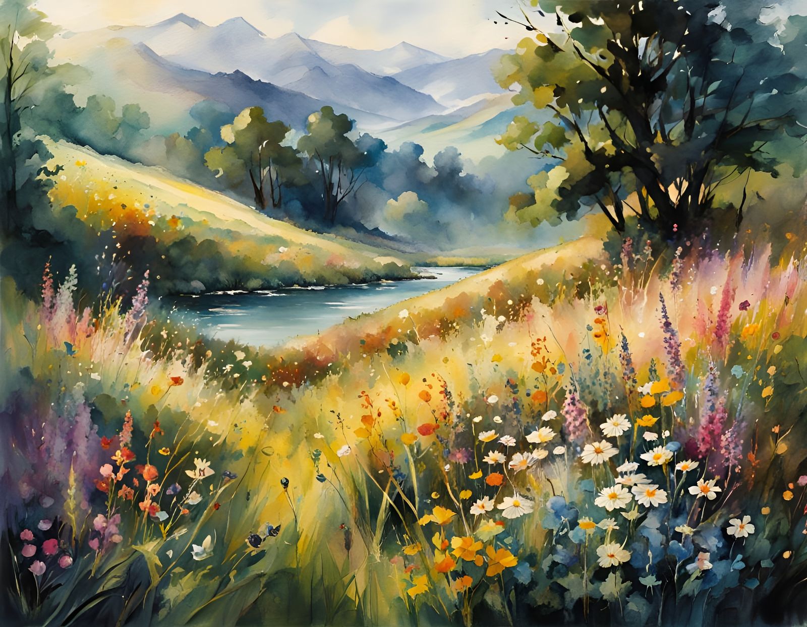 Flower Meadow Fantasy Landscape in Watercolor Style