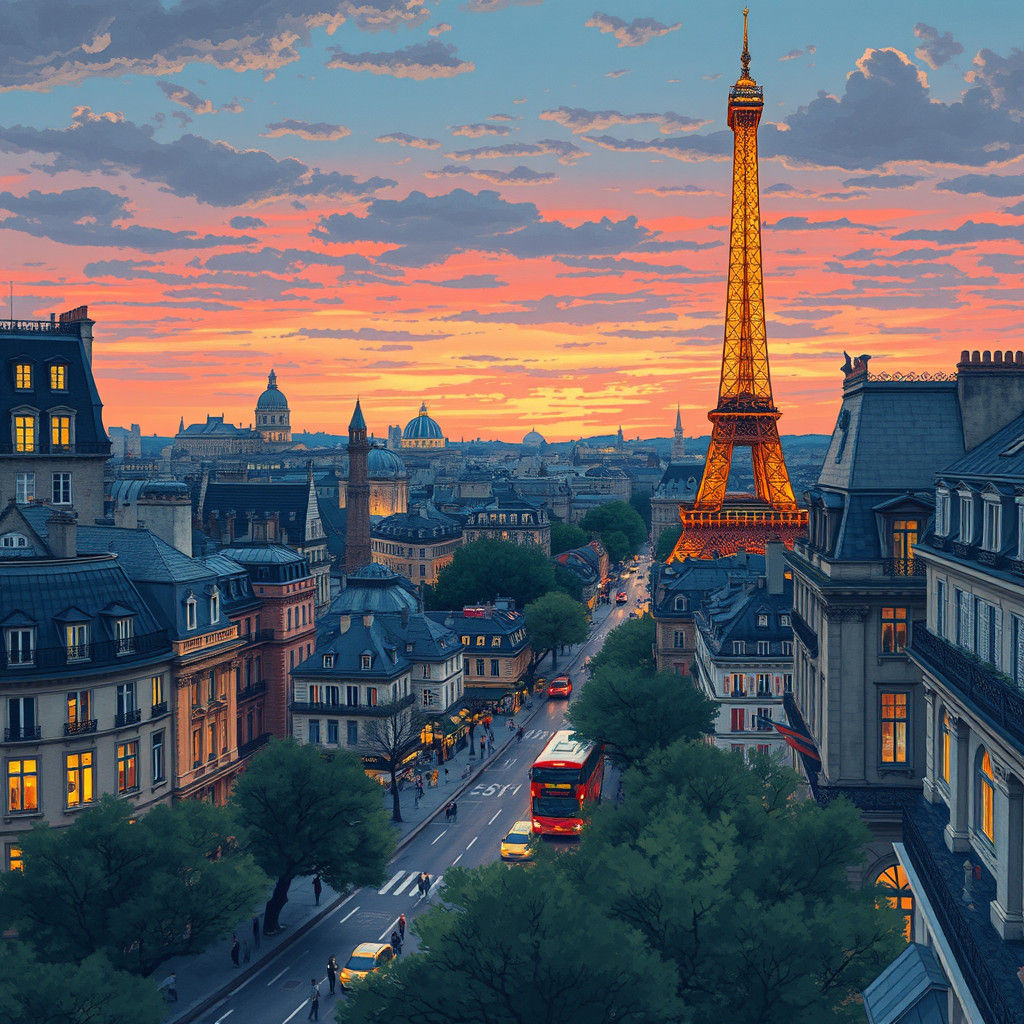 Paris Cityscape at Twilight: Vintage Illustration