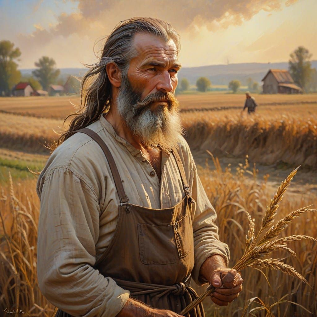 Golden Impressionist Farmer in Rural Landscape