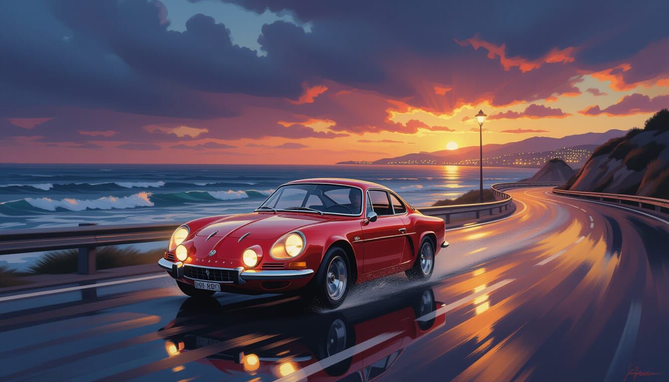 1972 Alpine A110 Speeds Down Wet Coastal Road at Dusk