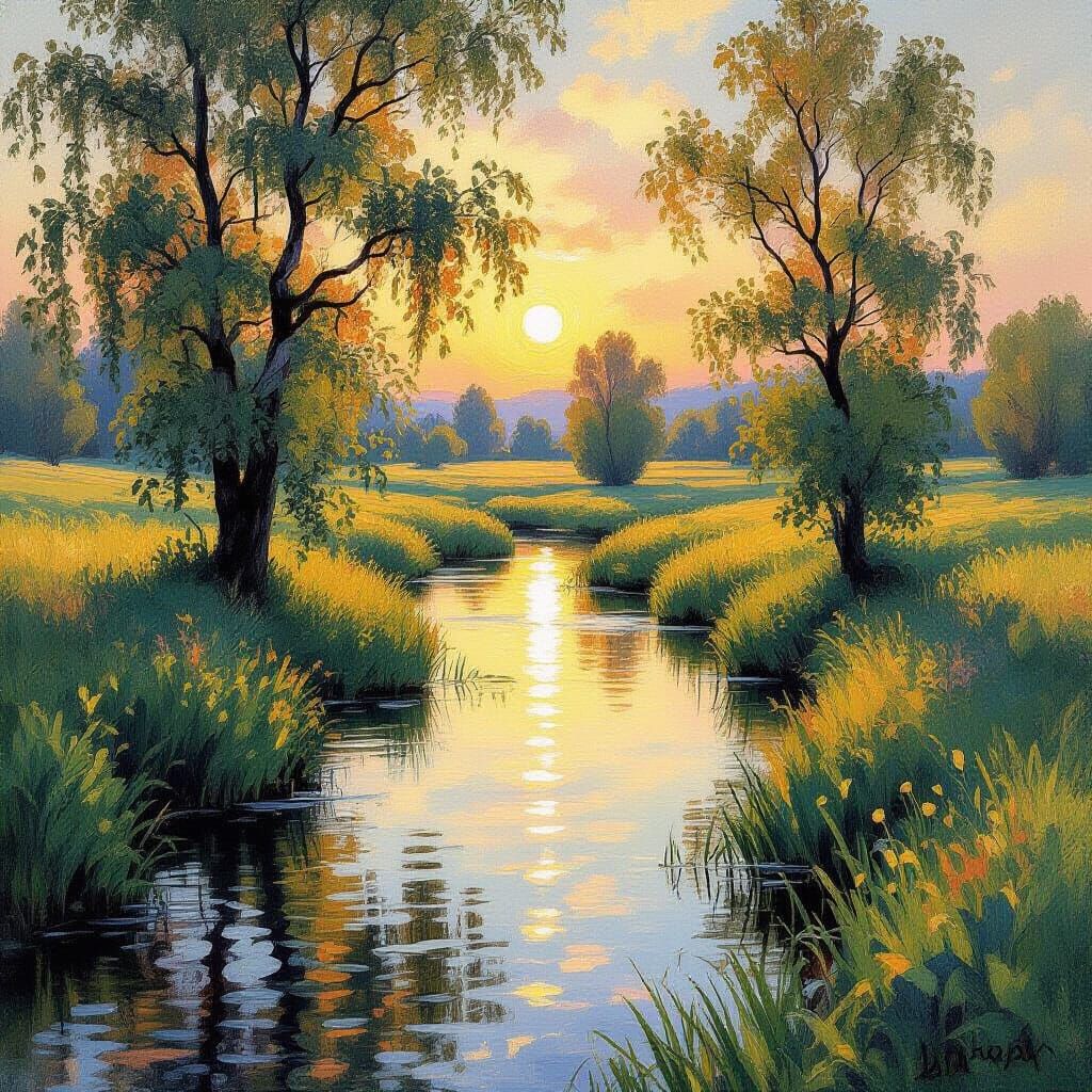 Golden Hour Meadow Stream in Luminous Watercolor