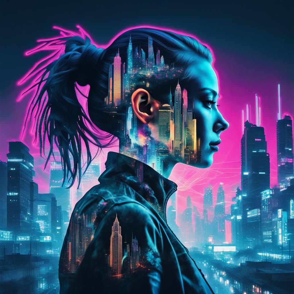 Cyberpunk City Double Exposure Silhouette Portrait