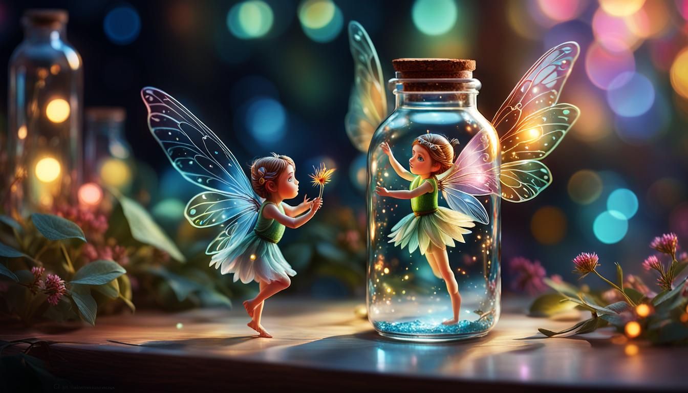Fairy Trapped in Glass Bottle: Hyperrealistic Concept Art