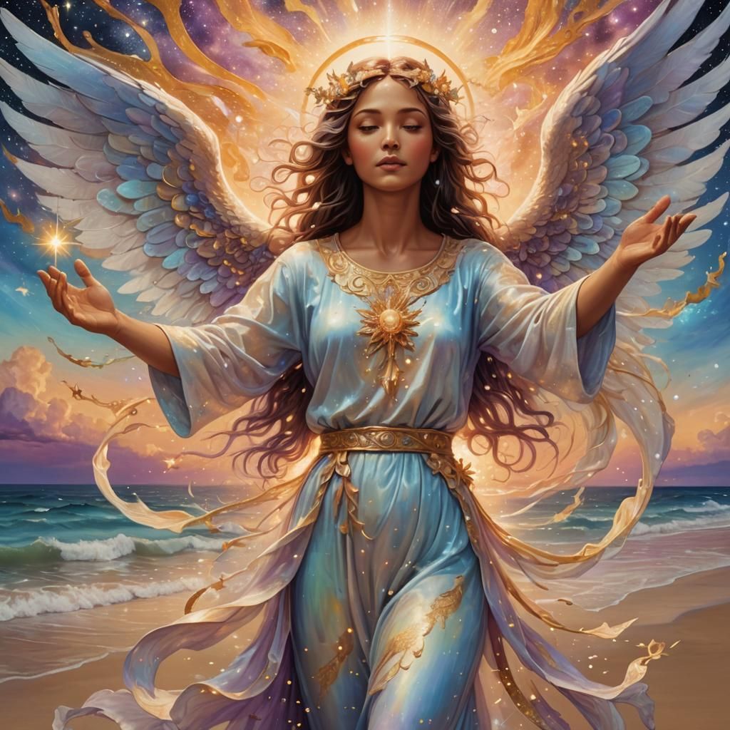 Angel Opens Abundance Flow on Starry Beach