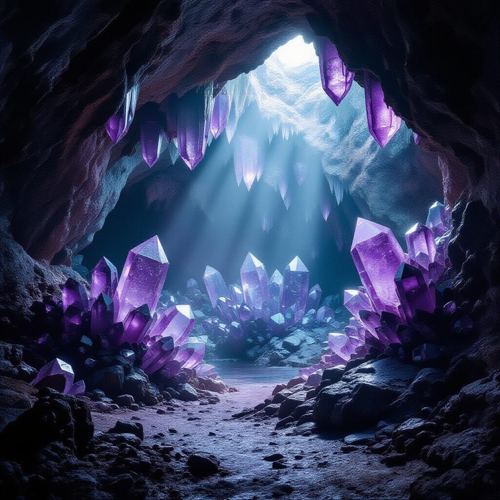 Surreal Cavern Aglow with Giant Amethyst Crystals