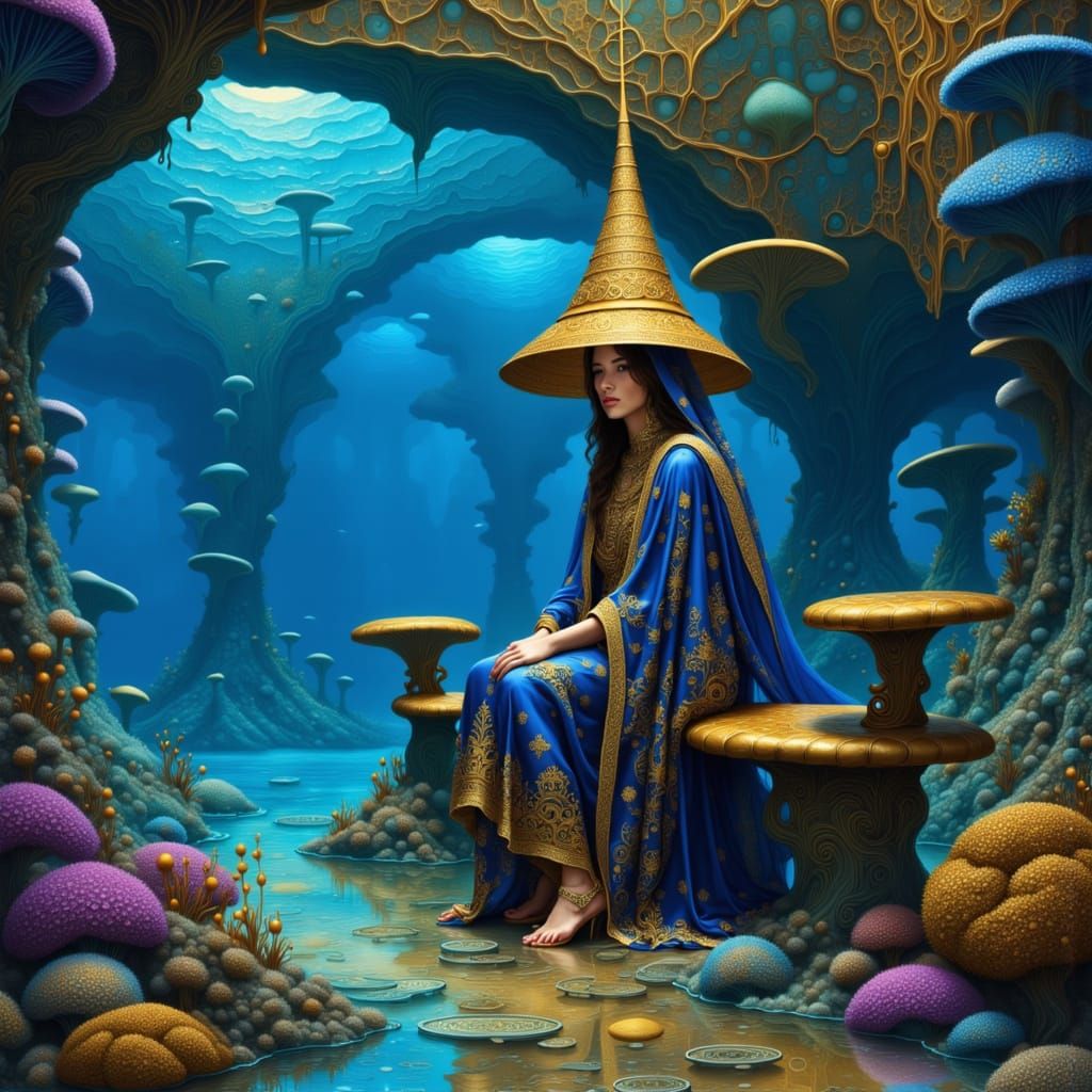 Druse Woman in Underwater Cathedral, Dramatic Lighting