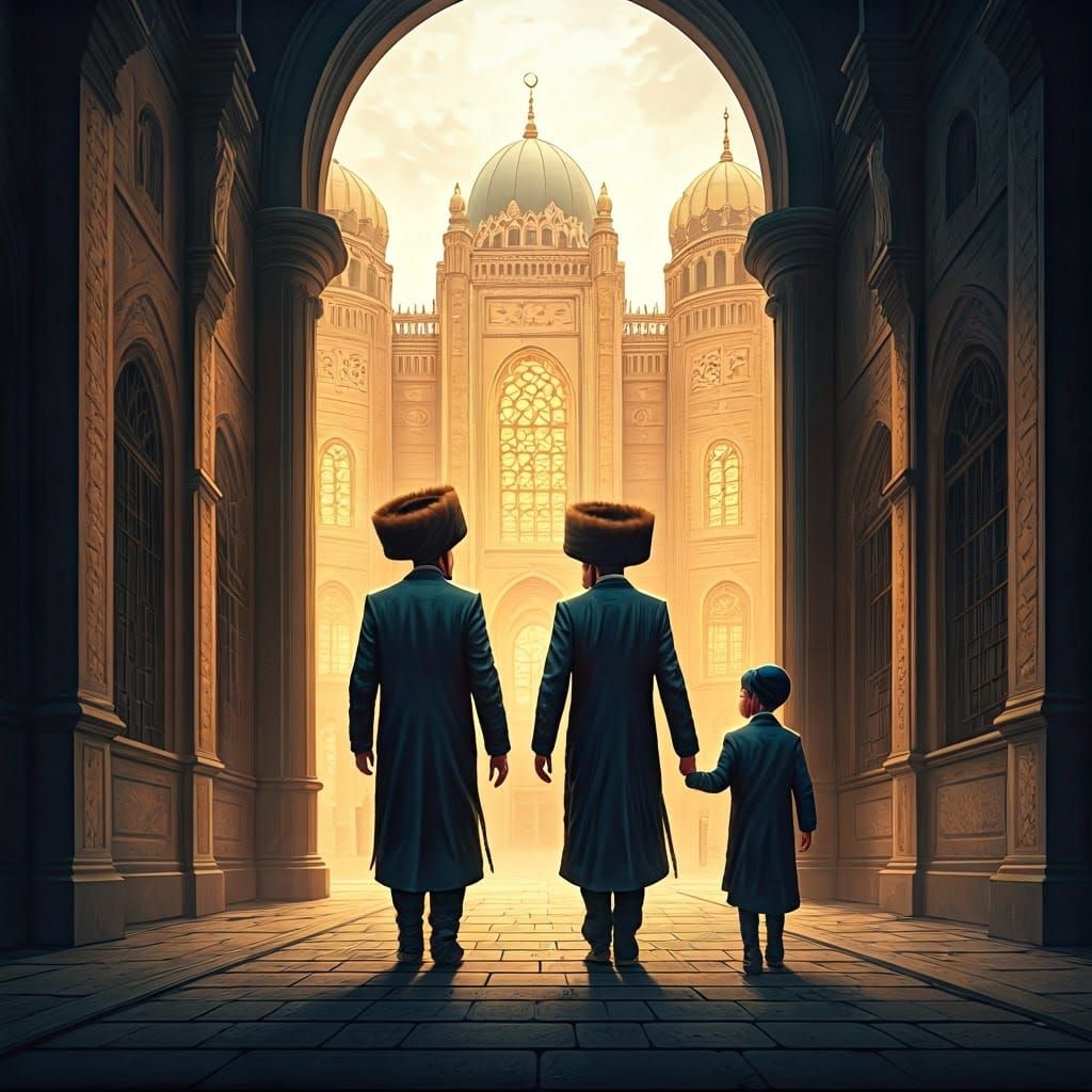 Jewish Men Stroll Towards Synagogue in Vibrant, Whimsical Se...