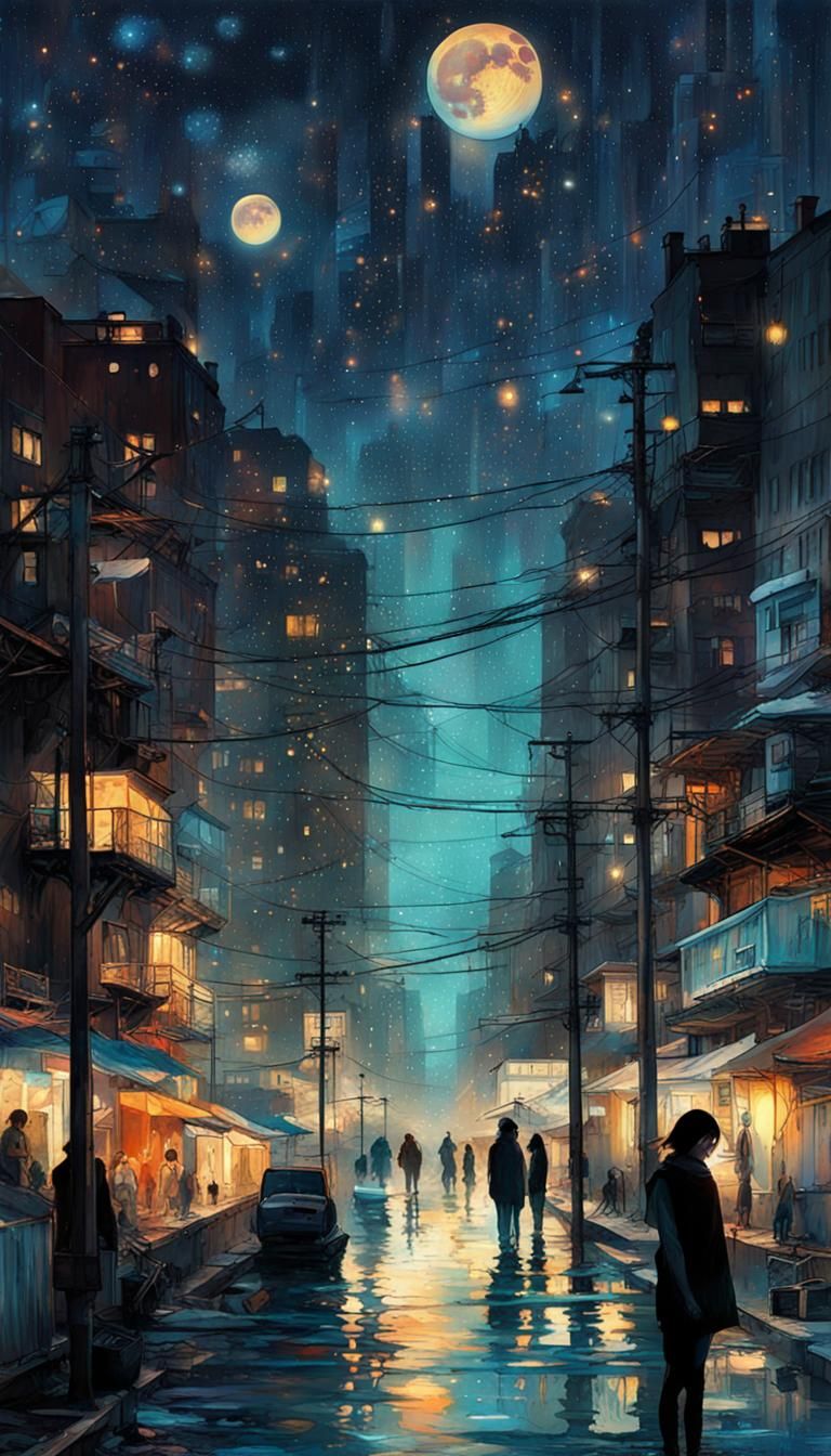 Vibrant Starry Cityscape in a Galactic Bioluminescent Style