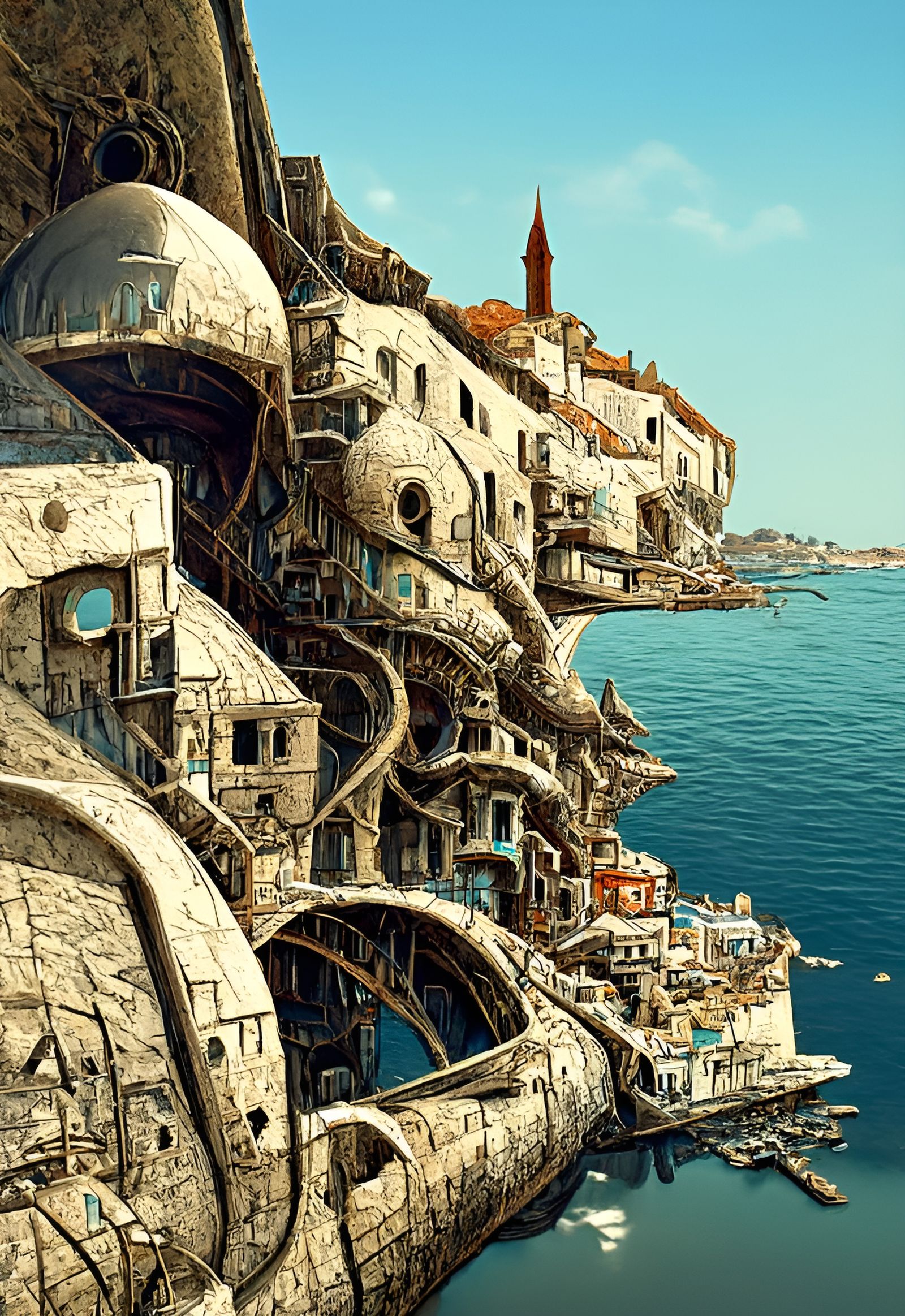 Surreal Dystopian Seaside Town Digital Art
