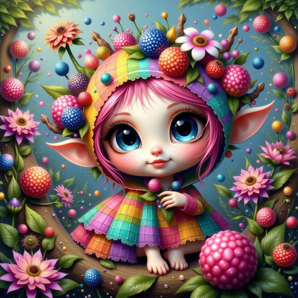 Fantastical Fae Creature in Whimsical Gingham Patterned Berr...