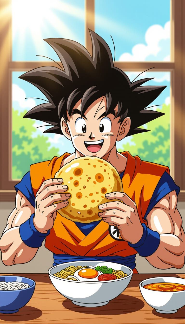 Goku Enjoys an Arepa in Dynamic Anime Style