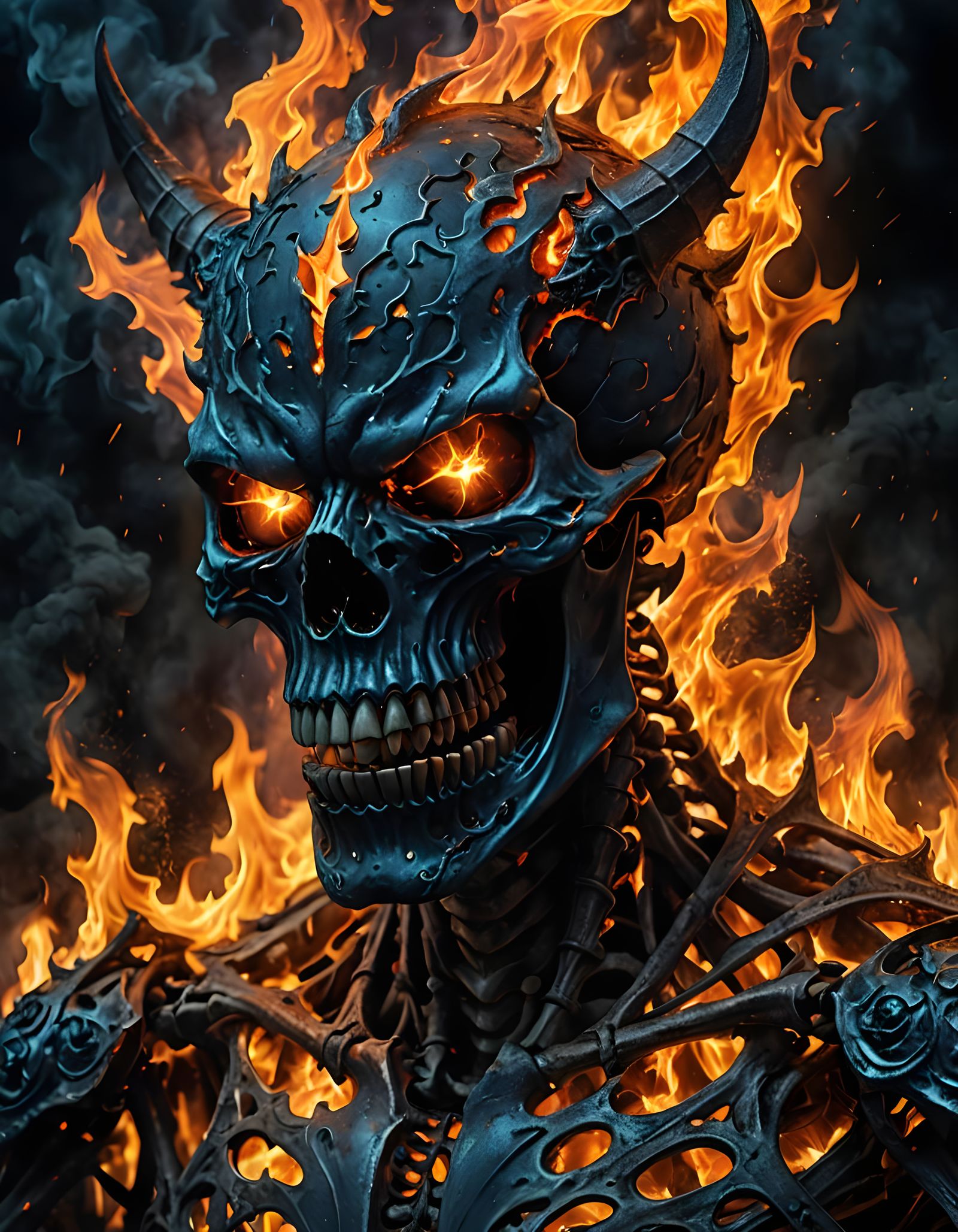 a burning skeletal demon figure with flames on it's body and glowing eyes