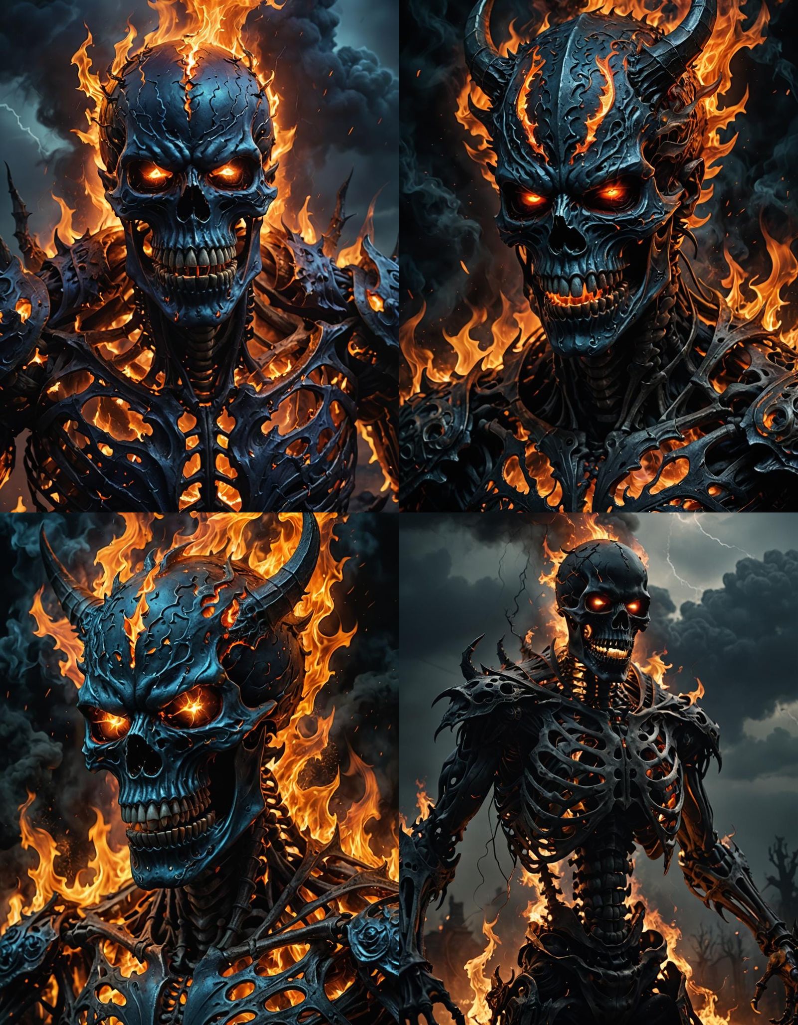 a burning skeletal demon figure with flames on it's body and glowing eyes