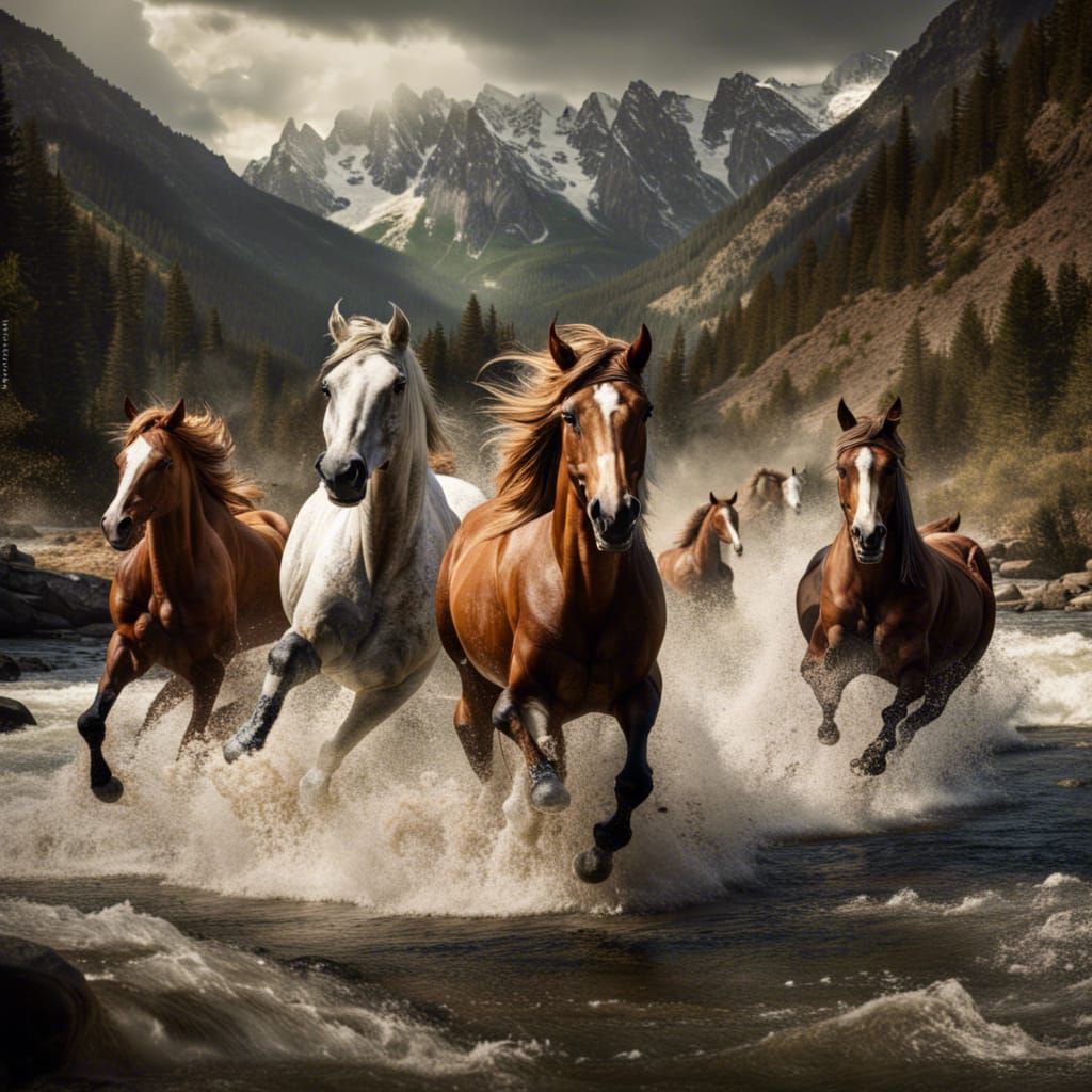 Wild Horses Running Through Mountain River