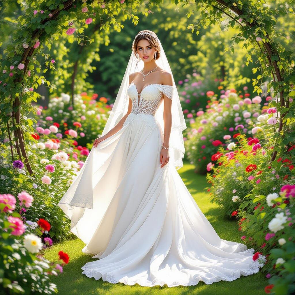 Elegant Bride in Garden, Art Nouveau Style