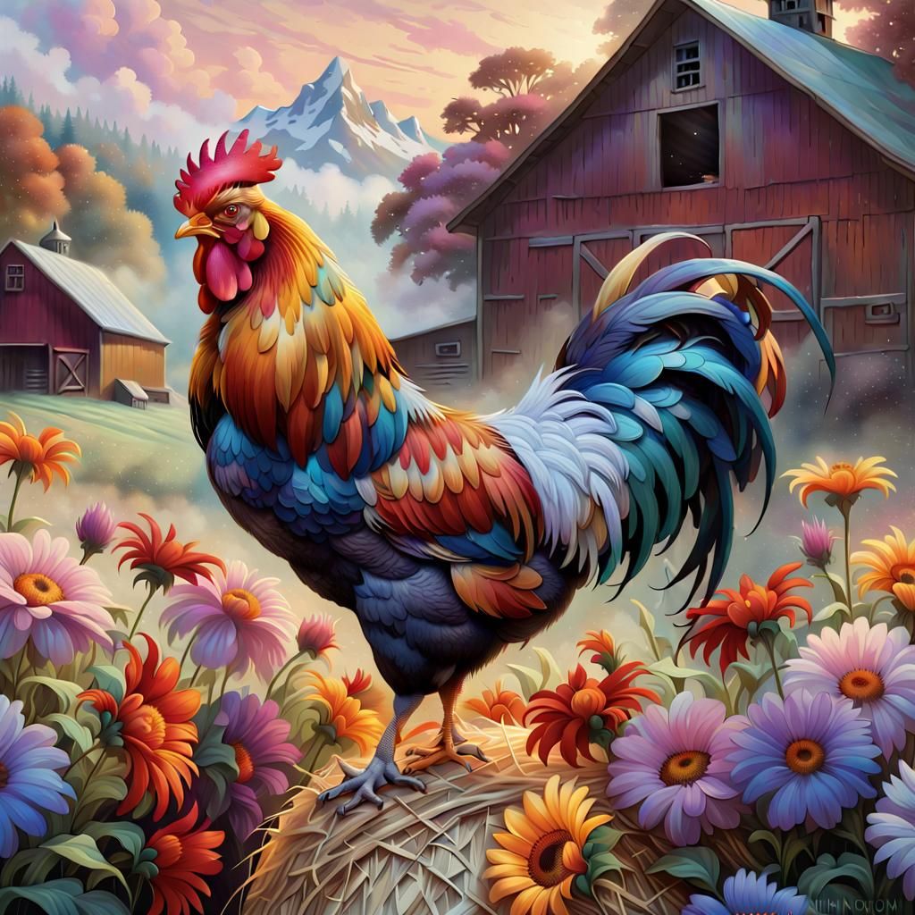 Colorful Rooster on Haystack in Ethereal Fantasy Style