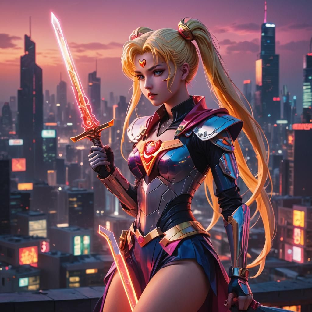Sailor Moon in Cyberpunk Cityscape with Flame Dagger