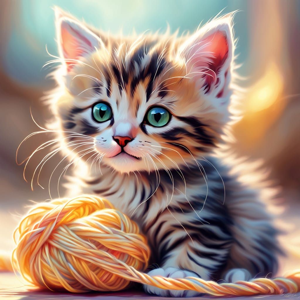 Kitten Plays with Yarn: A Pastel Art Illustration