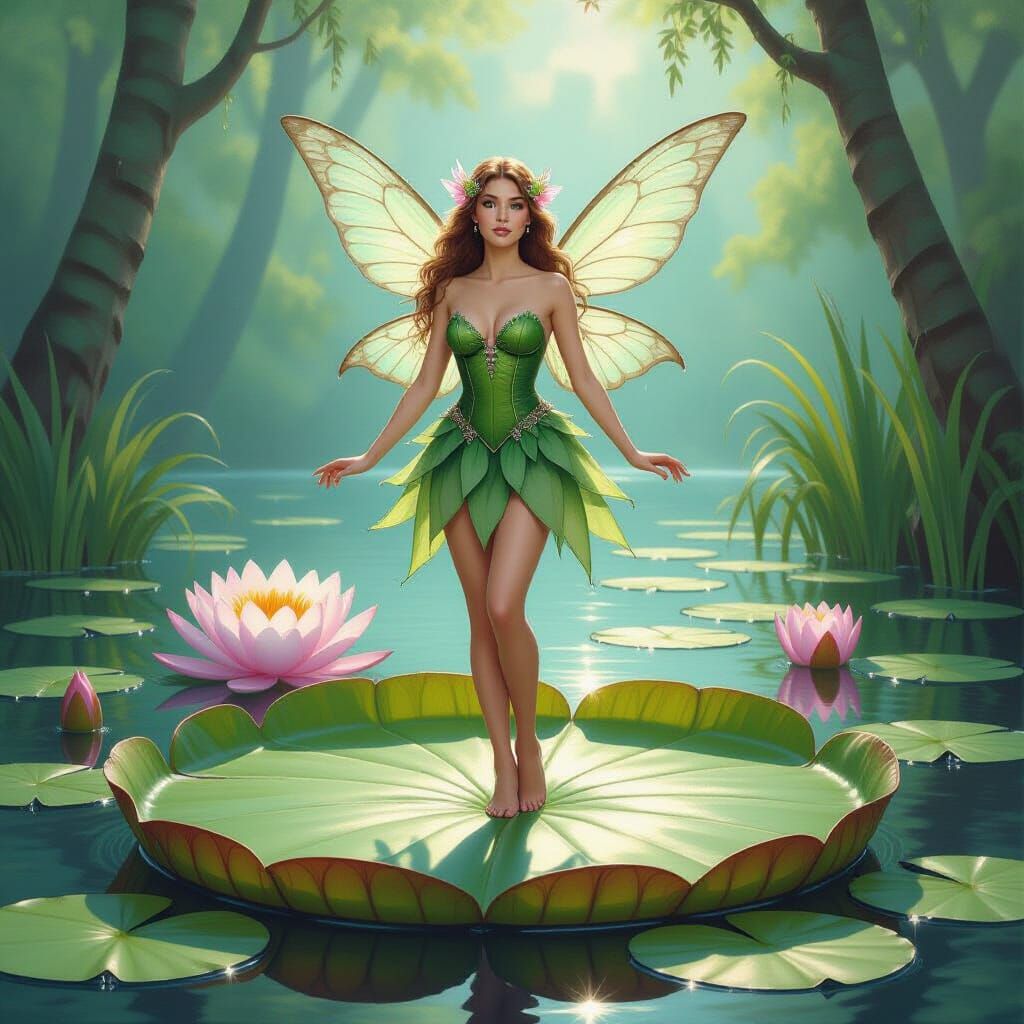 Fairy Ballerina on Giant Lily Pad Oil Painting