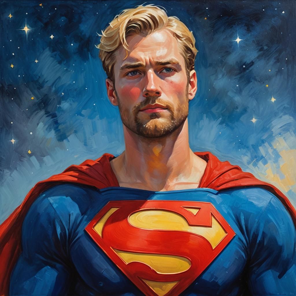 Blond Superman in Starry Night, Impressionist Oil Painting