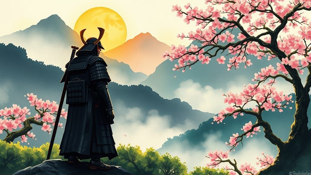 Samurai in Serene Japanese Landscape, in Vibrant Gouache Sty...