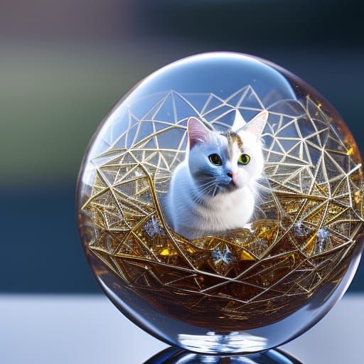 Cat in Crystal Sphere: Hyperrealistic 16K Render