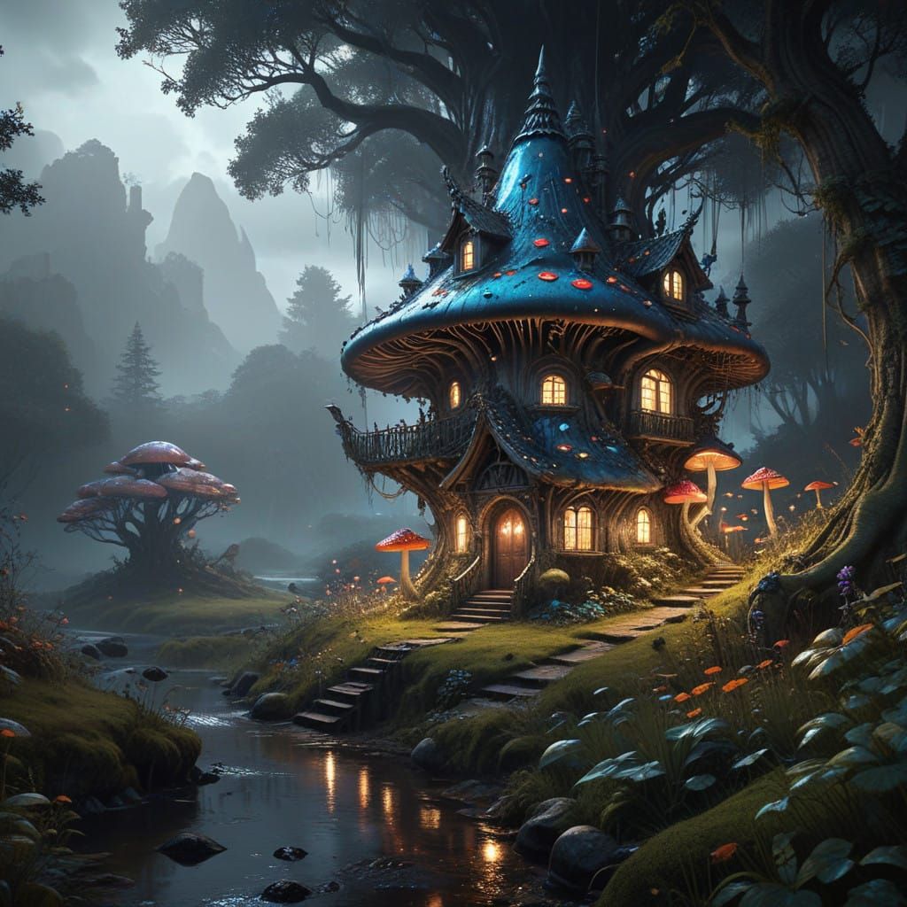 Whimsical Mushroom Mansion by the Sparkling Waterfall